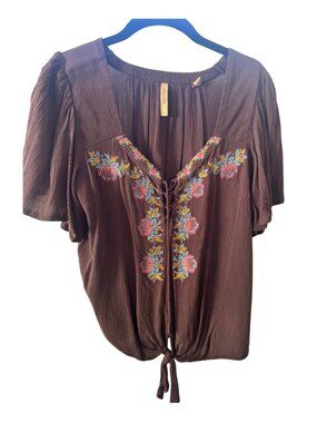 Shyanne Brown Floral Embroidered Western Boho Blouse Size M